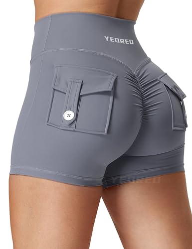 YEOREO CoreFlex Damen Sport Shorts Scrunch Workout Shorts mit Pockets V Cross Taille Butt Lifting High Waisted Gym Yoga Booty Shorts Grau XL von YEOREO