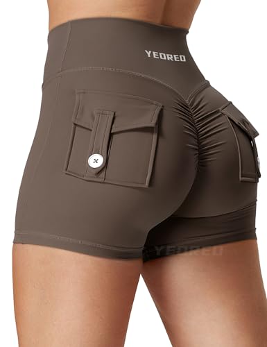 YEOREO CoreFlex Damen Sport Shorts Scrunch Workout Shorts mit Pockets V Cross Taille Butt Lifting High Waisted Gym Yoga Booty Shorts Kaffee L von YEOREO