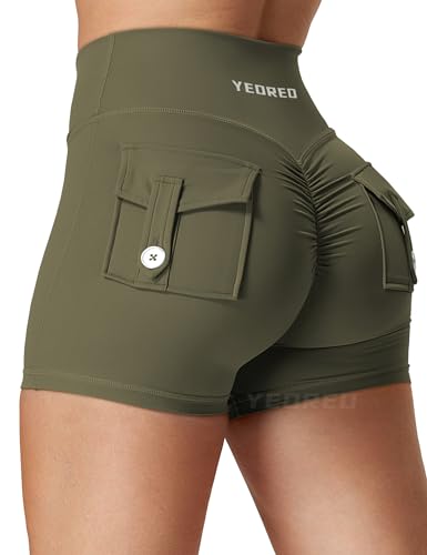 YEOREO CoreFlex Damen Sport Shorts Scrunch Workout Shorts mit Pockets V Cross Taille Butt Lifting High Waisted Gym Yoga Booty Shorts Olive Green L von YEOREO