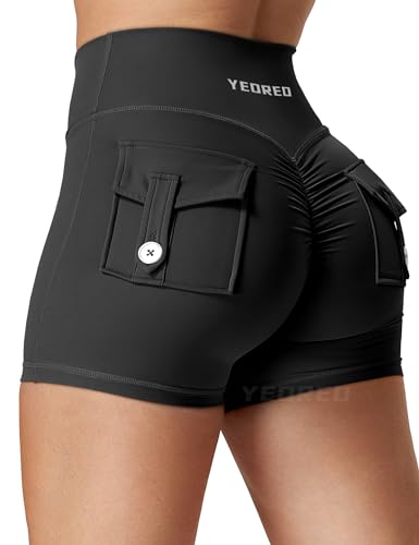 YEOREO CoreFlex Damen Sport Shorts Scrunch Workout Shorts mit Pockets V Cross Taille Butt Lifting High Waisted Gym Yoga Booty Shorts Schwarz L von YEOREO