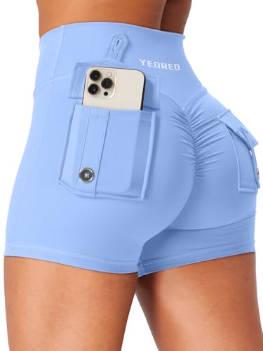 YEOREO CoreFlex Damen Sport Shorts mit Pockets Flache Taille Butt Lifting High Waisted Workout Short Gym Short Yoga Kurze Leggings Booty Shorts Running Sporthose Hellblau XL von YEOREO