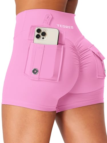 YEOREO CoreFlex Damen Sport Shorts mit Pockets Flache Taille Butt Lifting High Waisted Workout Short Gym Short Yoga Kurze Leggings Booty Shorts Running Sporthose Kaugummi Rosa M von YEOREO