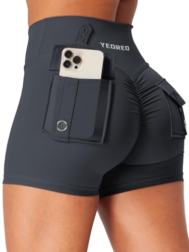 YEOREO CoreFlex Damen Sport Shorts mit Pockets Flache Taille Butt Lifting High Waisted Workout Short Gym Short Yoga Kurze Leggings Booty Shorts Running Sporthose Kohle XS von YEOREO