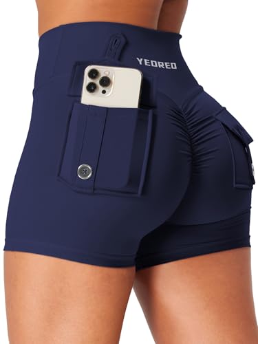 YEOREO CoreFlex Damen Sport Shorts mit Pockets Flache Taille Butt Lifting High Waisted Workout Short Gym Short Yoga Kurze Leggings Booty Shorts Running Sporthose Marine M von YEOREO