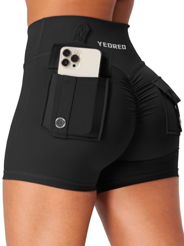YEOREO CoreFlex Damen Sport Shorts mit Pockets Flache Taille Butt Lifting High Waisted Workout Short Gym Short Yoga Kurze Leggings Booty Shorts Running Sporthose Schwarz L von YEOREO