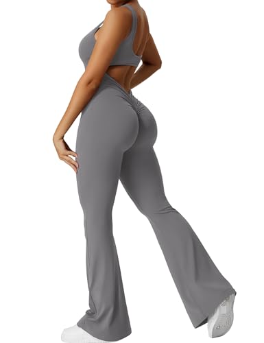 Yeoreo Jumpsuit Lizvette für Damen, sexy, rückenfrei, ausgestellt, figurbetont, Scrunch-Po, Yoga-Strampler, V-Ausschnitt, #1 Grau, Medium von YEOREO