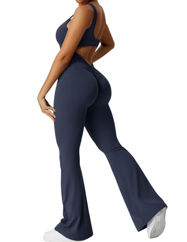 Yeoreo Jumpsuit Lizvette für Damen, sexy, rückenfrei, ausgestellt, figurbetont, Scrunch-Po, Yoga-Strampler, V-Ausschnitt, #1 Marineblau, Large von YEOREO