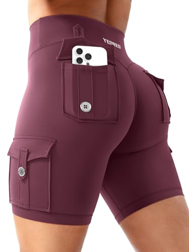 YEOREO CoreFlex Radlerhose Damen mit 4 Taschen Invisible Scrunch Hoch Taille 8" Sport Shorts Damen Nahtlose Booty Lifting Running Gym Yoga Workout Shorts Blickdicht Kurze Leggings Kirsche Dunkel L von YEOREO