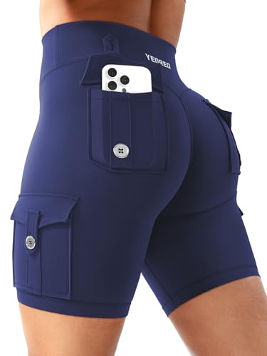 YEOREO CoreFlex Radlerhose Damen mit 4 Taschen Invisible Scrunch Hoch Taille 8" Sport Shorts Damen Nahtlose Booty Lifting Running Gym Yoga Workout Shorts Blickdicht Kurze Leggings Marineblau M von YEOREO
