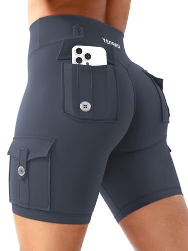 YEOREO CoreFlex Radlerhose Damen mit 4 Taschen Invisible Scrunch Hoch Taille 8" Sport Shorts Damen Nahtlose Booty Lifting Running Gym Yoga Workout Shorts Blickdicht Kurze Leggings Karbon Grau XL von YEOREO