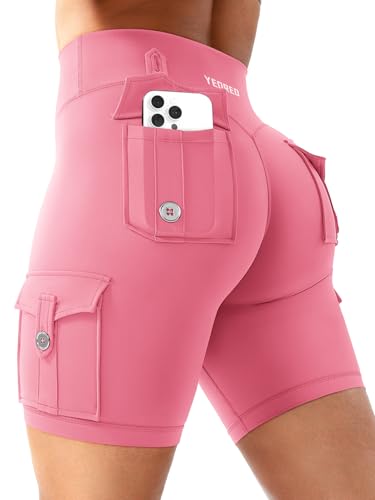 YEOREO Radlerhose Damen mit 4 Taschen Invisible Scrunch Hoch Taille 8" Sport Shorts Damen Nahtlose Booty Butt Lifting Running Gym Yoga Workout Shorts Kurze Leggings Blickdicht Sporthose Korallenrosa S von YEOREO