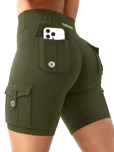 YEOREO Radlerhose Damen mit 4 Taschen Invisible Scrunch Hoch Taille 8" Sport Shorts Damen Nahtlose Booty Butt Lifting Running Gym Yoga Workout Shorts Kurze Leggings Blickdicht Sporthose Armeegrün M YEOREO Radlerhose Damen mit 4 Taschen Invisible Scrunch Hoch Taille 8" Sport Shorts Damen Nahtlose Booty Butt Lifting Running Gym Yoga Workout Shorts Kurze Leggings Blickdicht Sporthose Armeegrün M von YEOREO