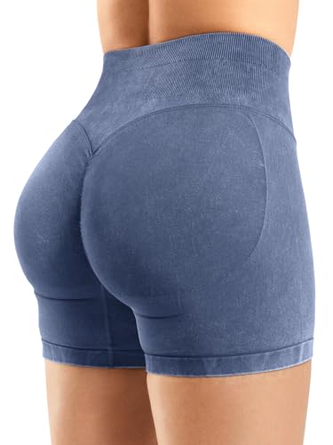 YEOREO Sandwashed Sport Shorts Damen 4.5" Hoch Taille Invisible Scrunch Butt Lifting Gym Workout Shorts Nahtlose Push Up Booty Kurze Leggings Damen Dunkelblau L von YEOREO