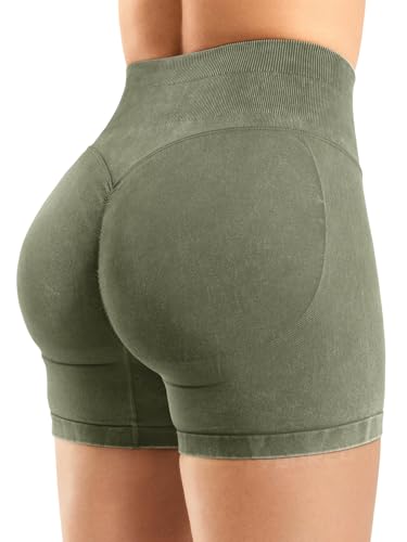 YEOREO Sandwashed Sport Shorts Damen 4.5" Hoch Taille Invisible Scrunch Butt Lifting Gym Workout Shorts Nahtlose Push Up Booty Kurze Leggings Damen Grün S von YEOREO