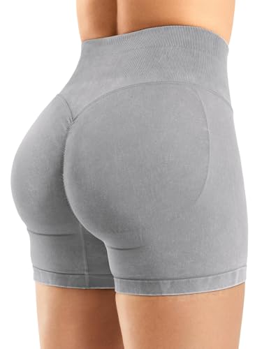 YEOREO Sandwashed Sport Shorts Damen 4.5" Hoch Taille Invisible Scrunch Butt Lifting Gym Workout Shorts Nahtlose Push Up Booty Kurze Leggings Damen Hellgrau L von YEOREO