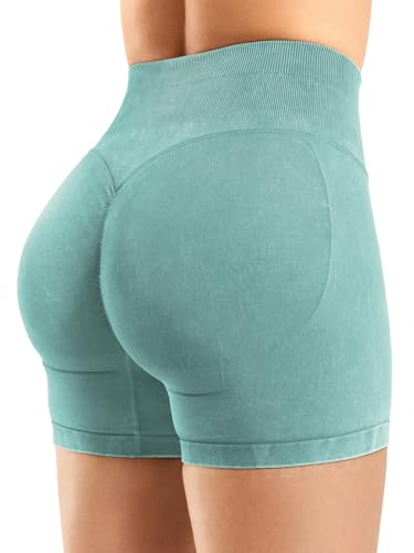 YEOREO Sandwashed Sport Shorts Damen 4.5" Hoch Taille Invisible Scrunch Butt Lifting Gym Workout Shorts Nahtlose Push Up Booty Kurze Leggings Damen Korallengrün L von YEOREO