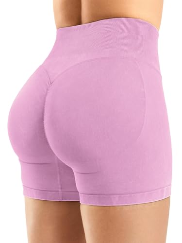 YEOREO Sandwashed Sport Shorts Damen 4.5" Hoch Taille Invisible Scrunch Butt Lifting Gym Workout Shorts Nahtlose Push Up Booty Kurze Leggings Damen Korallenrosa L von YEOREO