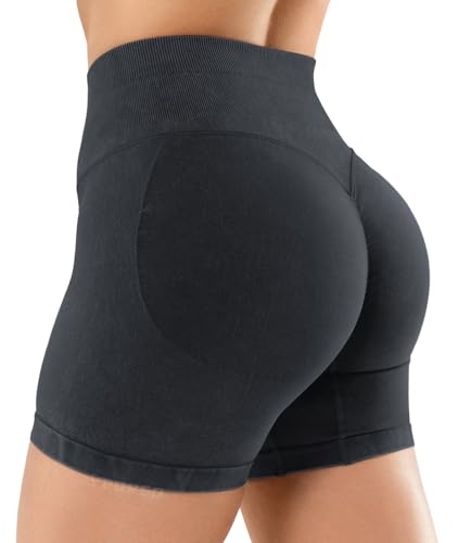 YEOREO Sandwashed Sport Shorts Damen 4.5" Hoch Taille Invisible Scrunch Butt Lifting Gym Workout Shorts Nahtlose Push Up Booty Kurze Leggings Damen Schwarz XL von YEOREO