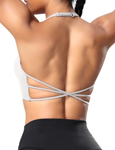 YEOREO Sport BH Damen Gepolstert Cross Back Spaghettiträger Rücken Verkreuzt Push Up BHS Gym Tops Sports Bra Weiß M von YEOREO