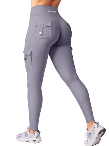 YEOREO CoreFlex Sport Leggings Damen Mit Taschen Invisible Scrunch Butt Gym Leggings High Waist Boom Booty Seamless Push Up Blickdicht Yoga Sport Leggings Blau Grau L von YEOREO