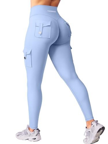 YEOREO CoreFlex Sport Leggings Damen Mit Taschen Invisible Scrunch Butt Gym Leggings High Waist Boom Booty Seamless Push Up Blickdicht Yoga Sport Leggings Hellblau XL von YEOREO