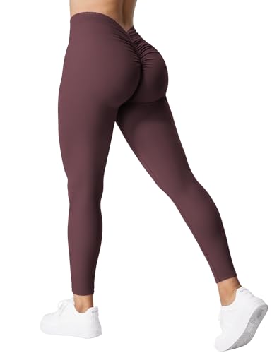 YEOREO Sport Leggings Damen V Back Taille Scrunch Workout Leggings High Waisted Butt Lifting Nahtlose Gym Yoga Leggings Wine Red L von YEOREO