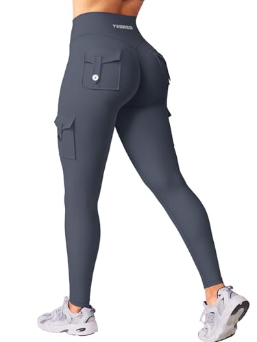 YEOREO Sport Leggings Damen Mit Taschen Invisible Scrunch Butt Gym Leggings High Waist Boom Booty Seamless Push Up Blickdicht Yoga Sport Leggings Anthrazitgrau M von YEOREO