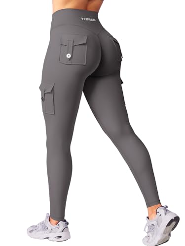 YEOREO Sport Leggings Damen Mit Taschen Invisible Scrunch Butt Gym Leggings High Waist Boom Booty Seamless Push Up Blickdicht Yoga Sport Leggings Dunkelgrau M von YEOREO