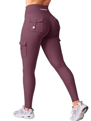 YEOREO CoreFlex Sport Leggings Damen Mit Taschen Invisible Scrunch Butt Gym Leggings High Waist Boom Booty Seamless Push Up Blickdicht Yoga Sport Leggings Kirsche Dunkel M von YEOREO