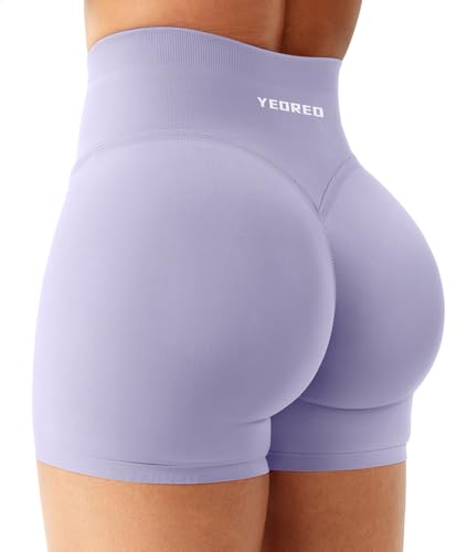 YEOREO Sport Shorts Damen 4.5" Invisible Scrunch Butt Gym Shorts Hoch Taille Kurze Leggings Yoga Booty Kurze Leggings Hellviolett S von YEOREO