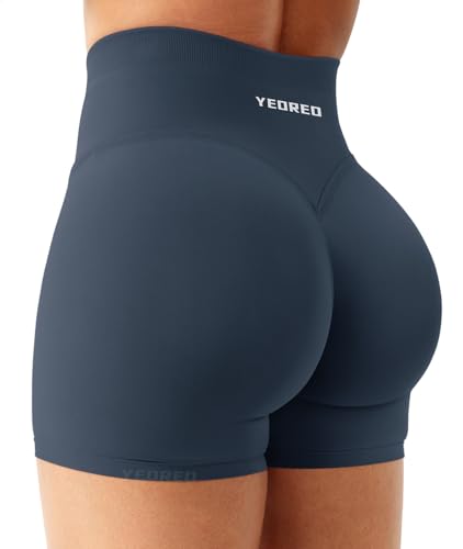 YEOREO Sport Shorts Damen 4.5" Invisible Scrunch Butt Gym Shorts Hoch Taille Booty Yoga Workout Kurze Leggings Dunkelblau XL von YEOREO