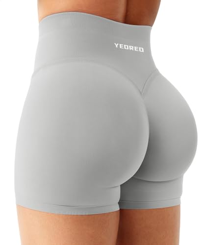 YEOREO Sport Shorts Damen 4.5" Invisible Scrunch Butt Gym Shorts Hoch Taille Booty Yoga Workout Kurze Leggings Hellgrau S von YEOREO