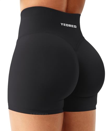 YEOREO Sport Shorts Damen 4.5" Invisible Scrunch Butt Gym Shorts Hoch Taille Booty Yoga Workout Kurze Leggings Schwarz M von YEOREO