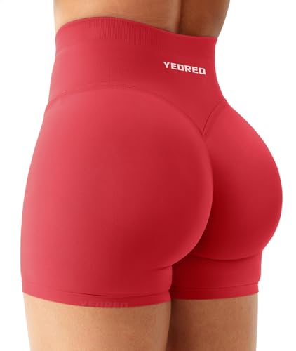 YEOREO Sport Shorts Damen 4.5" Invisible Scrunch Butt Gym Shorts Hoch Taille Booty Yoga Workout Kurze Leggings Tomate Rot S von YEOREO