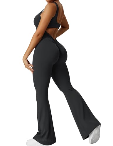 Yeoreo Jumpsuit Lizvette für Damen, sexy, rückenfrei, ausgestellt, figurbetont, Scrunch-Po, Yoga-Strampler, V-Ausschnitt, #1 Schwarz, X-Large von YEOREO