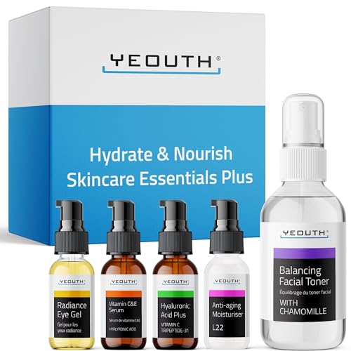 YEOUTH Hautpflege-Set, komplettes Anti-Aging-Set, Gesichtswasser, Vitamin-C-, Hyaluronsäure-Serum, Augengel, Gesichtscreme, 5-teiliges Hautpflege-Geschenkset, Gesichtspflege-Sets für Damen und Herren von YEOUTH