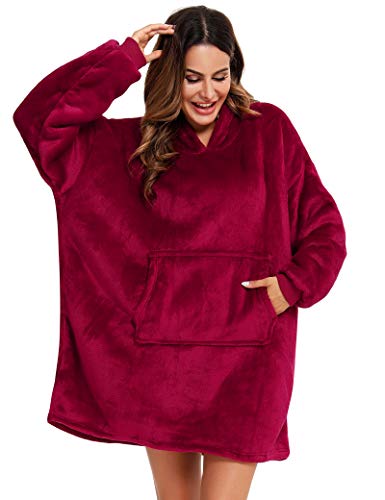 YEPLINS Übergroße Hoodie Sweatshirt, Decke Sweatshirt Damen Decken Hoodie,Plüsch Pullover Decke mit Kapuze Hoodie Blanket, Rot, Einheitsgröße von YEPLINS