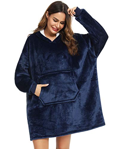 YEPLINS Sherpa Hoodie Sweatshirt Decke,Plüsch Pullover Decke mit Kapuze,Übergroße Decken Hoodie Kapuzenpullover Damen Blanket Hoodie, Blau, Einheitsgröße von YEPLINS