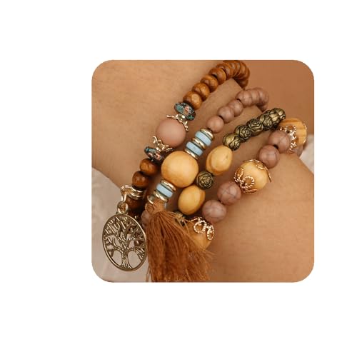 YERTTER Böhmisches 4-teiliges Stretch-Armband mit mehrfarbigen Perlen und Anhänger mit Baum des Lebens, Vintage-Strang-Armband-Set für Damen und Mädchen, 2.36 Inch, Perlen von YERTTER