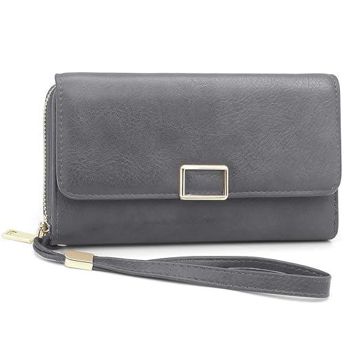 YERUUE Geldbörse Damen Gross aus PU Leder Geldbeutel Damen Groß mit RFID Schutz Lang Portemonnaie Frauen mit 18 Kartenfächern und abnehmbare Geldbörsen Armband (Grau) von YERUUE