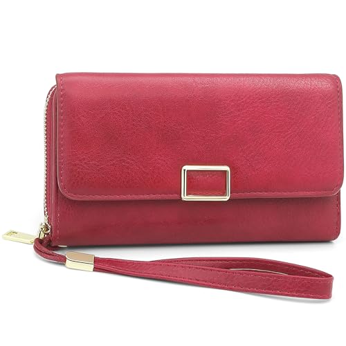 YERUUE Geldbörse Damen Gross aus PU Leder Geldbeutel Damen Groß mit RFID Schutz Lang Portemonnaie Frauen mit 18 Kartenfächern und abnehmbare Geldbörsen Armband (Burgunderrot) von YERUUE