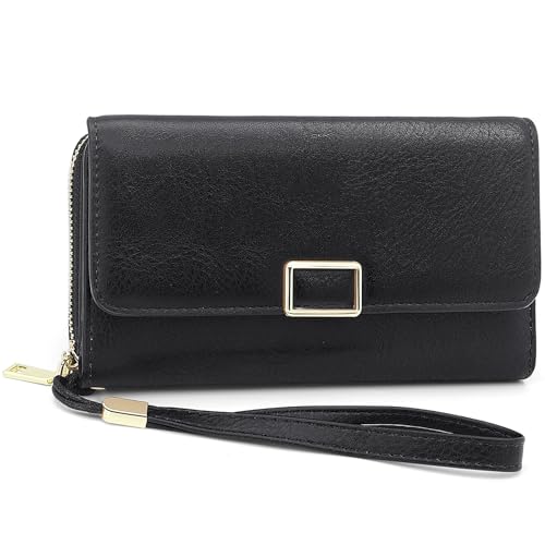 YERUUE Geldbörse Damen Gross aus PU Leder Geldbeutel Damen Groß mit RFID Schutz Lang Portemonnaie Frauen mit 18 Kartenfächern und abnehmbare Geldbörsen Armband (Schwarz) von YERUUE