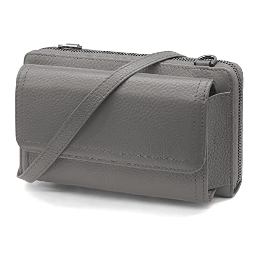 YERUUE Handytasche mit Geldbörse zum Umhängen RFID Schutz Geldbeutel Damen Groß handyfach mit 12 Kartenschlitz Verstellbar Echtes Leder Crossbody Geldbörse Damen Abnehmbar Schultergurt (Grau) von YERUUE