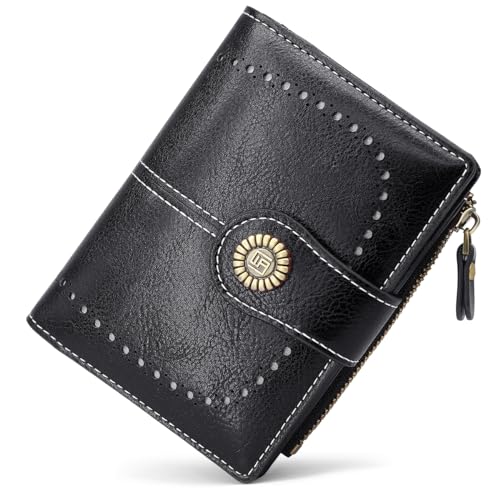 YERUUE Portemonnaie Damen Klein PU Leder Geldbörse Damen RFID-Blockierung Kleiner Geldbeutel Damen Bifold Compact Portemonnaie Damen mit 20 Kartenfächern und 1 Reißverschluss Münzfach (Schwarz) von YERUUE