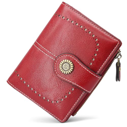 YERUUE Portemonnaie Damen Klein PU Leder Geldbörse Damen RFID-Blockierung Kleiner Geldbeutel Damen Bifold Compact Portemonnaie Damen mit 20 Kartenfächern und 1 Reißverschluss Münzfach (Weinrot) von YERUUE
