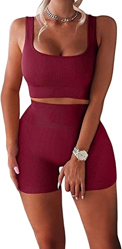 YESDOO Damen Fitness-Bekleidung Sport Kleidung Frauen Workout Outfits Geripptes Tank 2 Stück Nahtlos Hohe Taille Gym Outfit Yoga Shorts Leggings Sets, 01-Weinrot, Small von YESDOOD