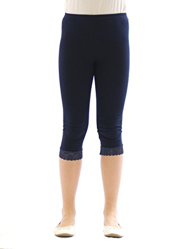 Mädchen Kinder Leggings Leggins Hose Capri 3/4 kurz mit Spitze Baumwolle Dunkel-Blau 146 von YESET