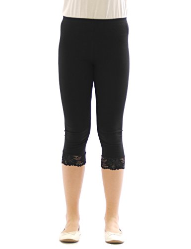 Mädchen Kinder Leggings Leggins Hose Capri 3/4 kurz mit Spitze Baumwolle Schwarz 122 von YESET