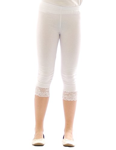Mädchen Kinder Leggings Leggins Hose Capri 3/4 kurz mit Spitze Baumwolle Weiss 140 von YESET