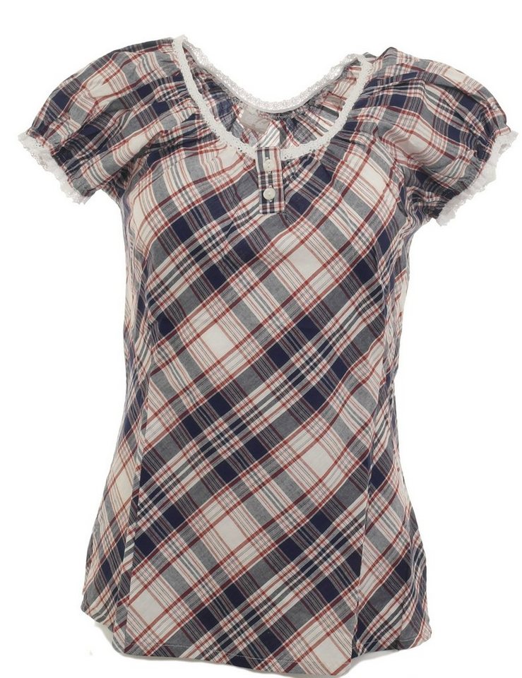 YESET Blusentop Bluse Spitze Puffärmel Karo Shirt Tunika weiß blau Spitze von YESET